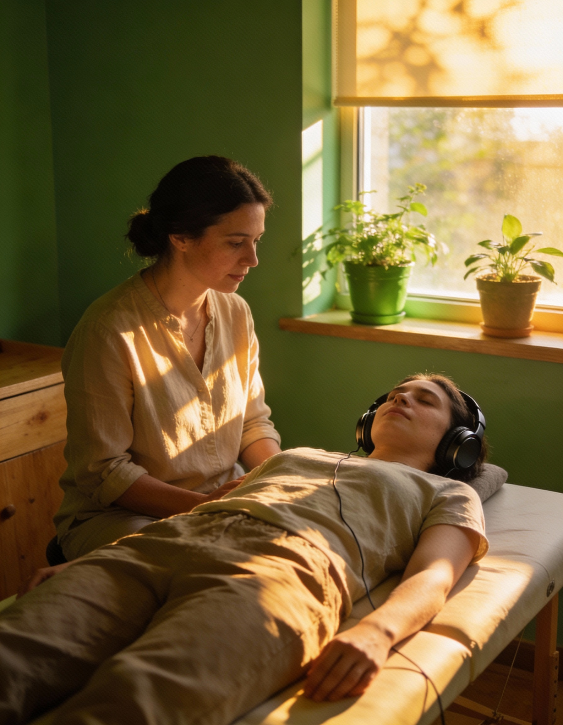 Therapist applying Bio-Tuning frequency therapy with headphones in a warm treatment room